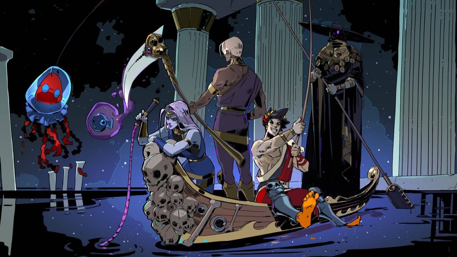 hades official art zagreus megara thanatos riding charon's boat