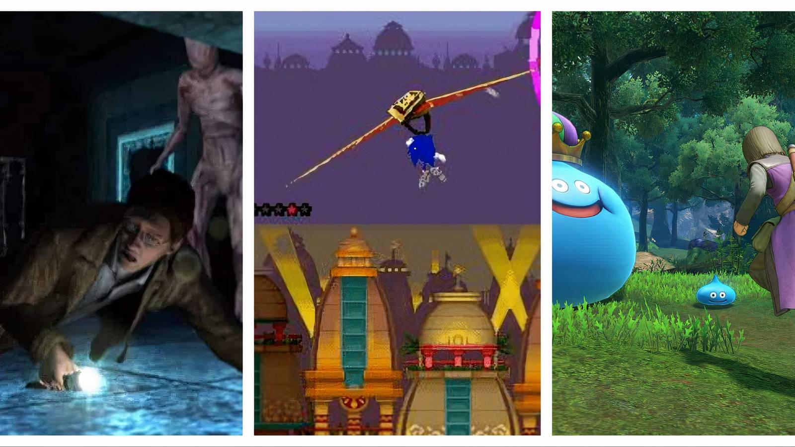 Handheld Games Better Than Console split image of Silent Hill Shattered Memories, Sonic Colors DS, and Dragon Quest 11