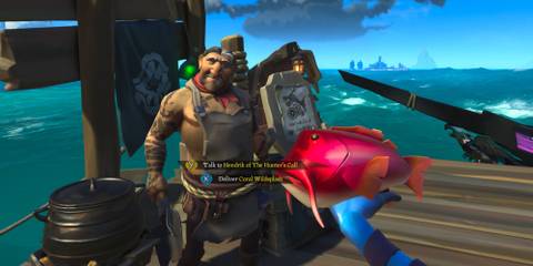 Handing in a Coral Wildsplash fish to the Hunter's Call in Sea of Thieves
