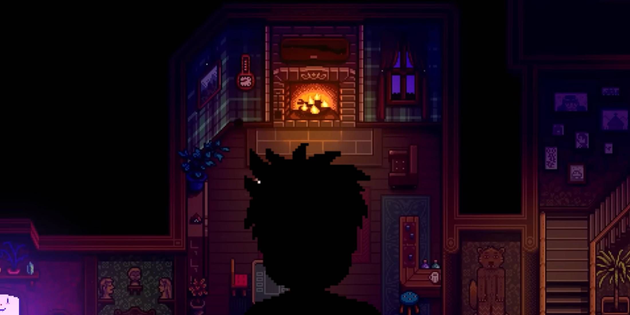 Silhouette of Vincent from Stardew Valley over a shot of a fireplace from Haunted Chocolatier's trailer