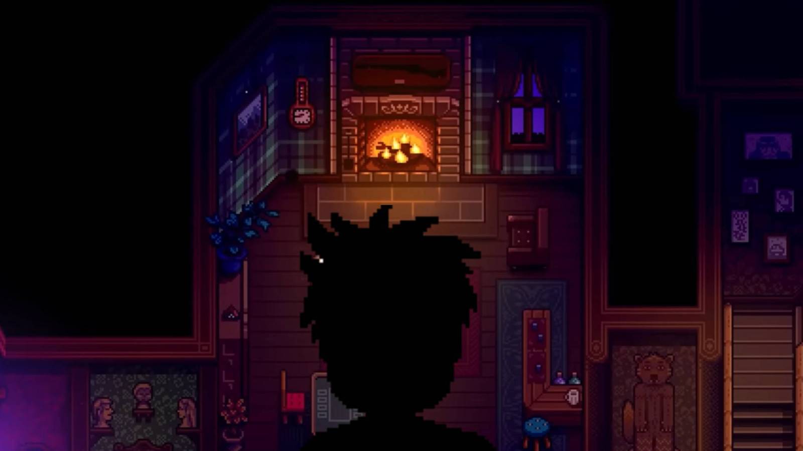 Silhouette of Vincent from Stardew Valley over a shot of a fireplace from Haunted Chocolatier's trailer