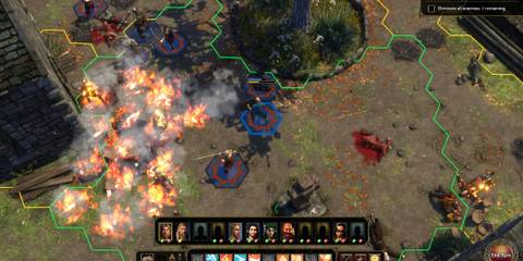 Hex-based tactical battle with fire effects and multiple units in Expeditions Viking, an underrated isometric RPG