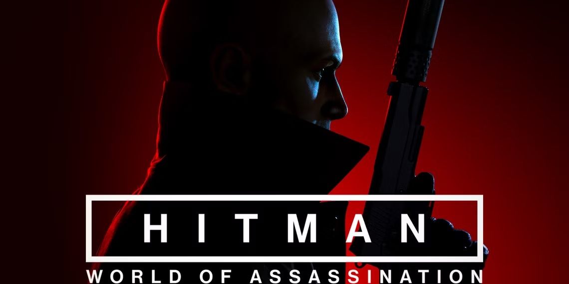 hitman-world-of-assassination-promop-artwork-47-holding-silencer-on-red-background-behind-white-game-logo