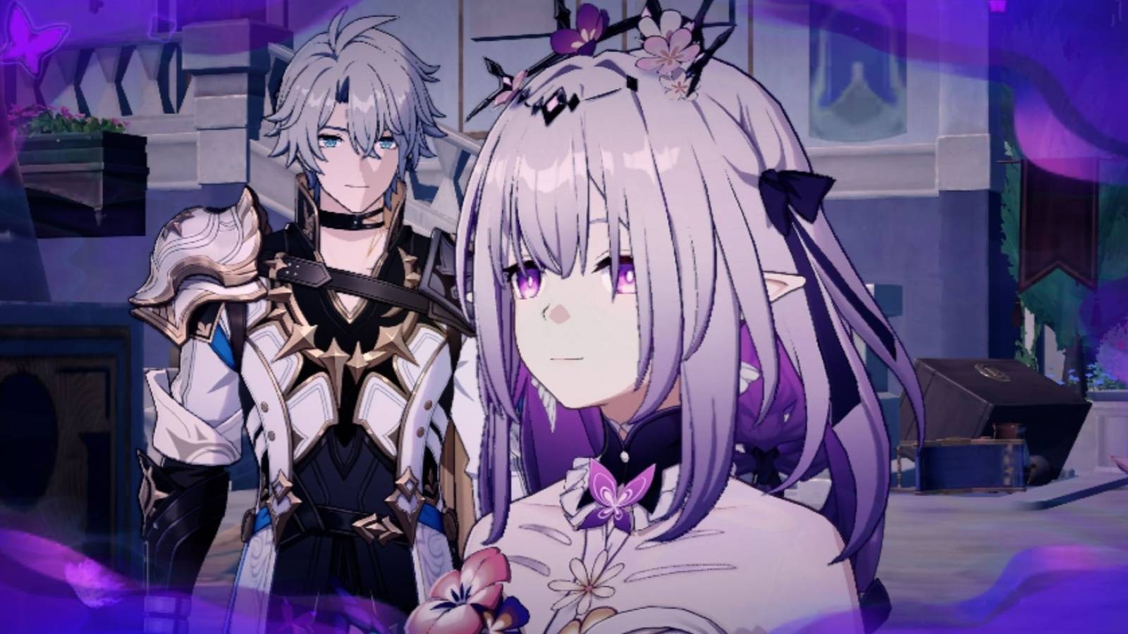 honkai star rail's castorice and phainon with a purple haze border in-game