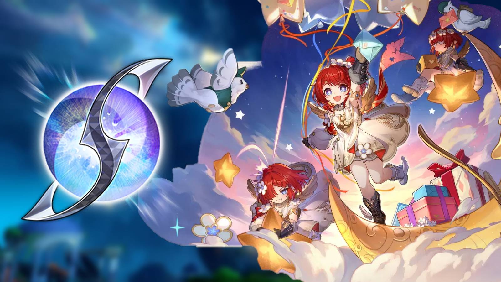 A blurred image of Honkai: Star Rail's Amphoreus overlayed with Tribbie's splash art and an image of Star Rail's Eidolons.