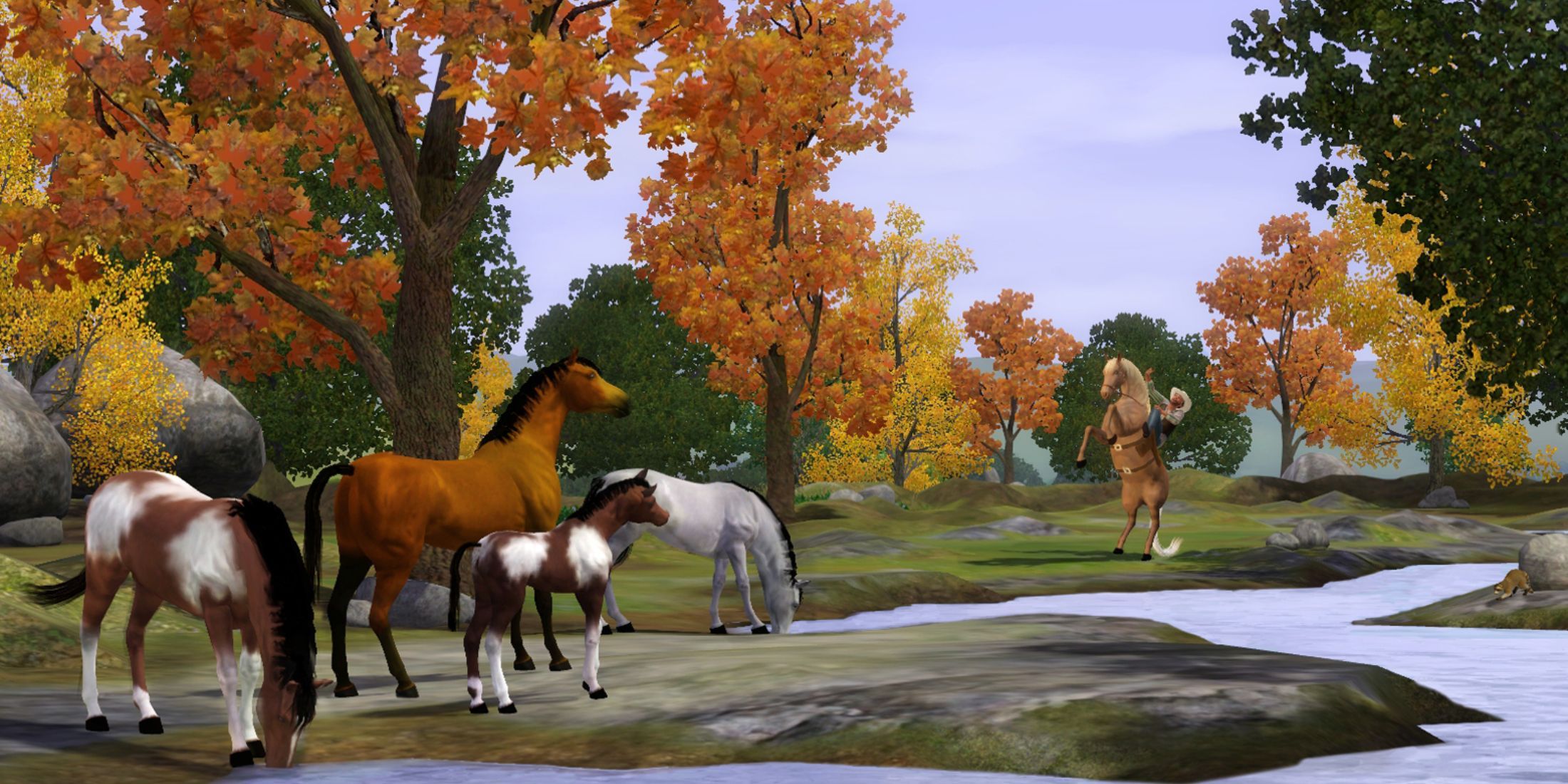 Horses grazing and a Sim riding in a beautiful autumn landscape, featured in The Sims 3 Pets