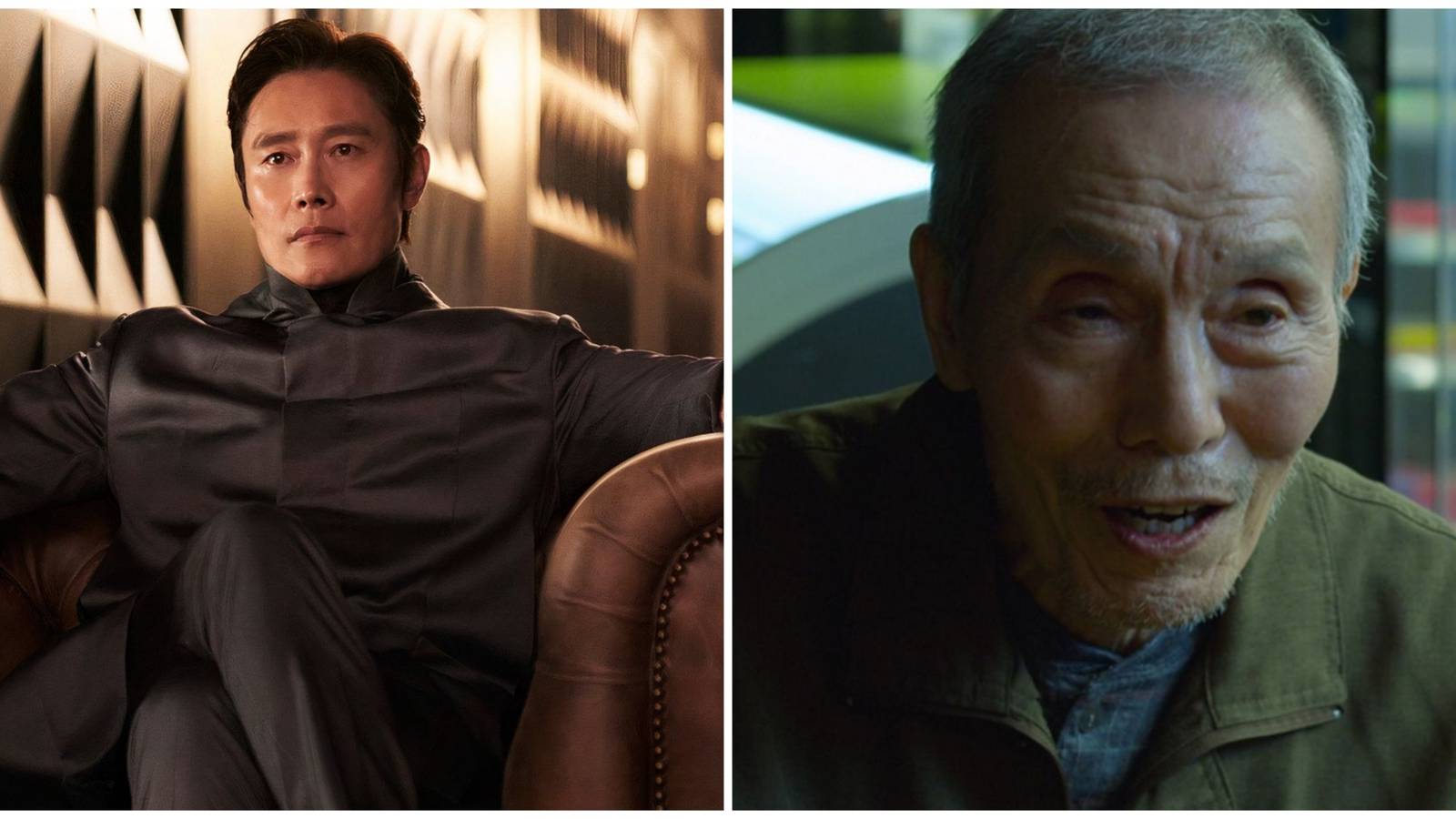 Split image of the Front Man and Il-nam in Squid Game