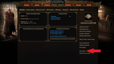 The Item Filters button on the PoE website