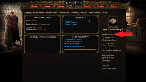 The manage account button in PoE's official website