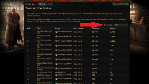 The item filters ladder in the PoE website