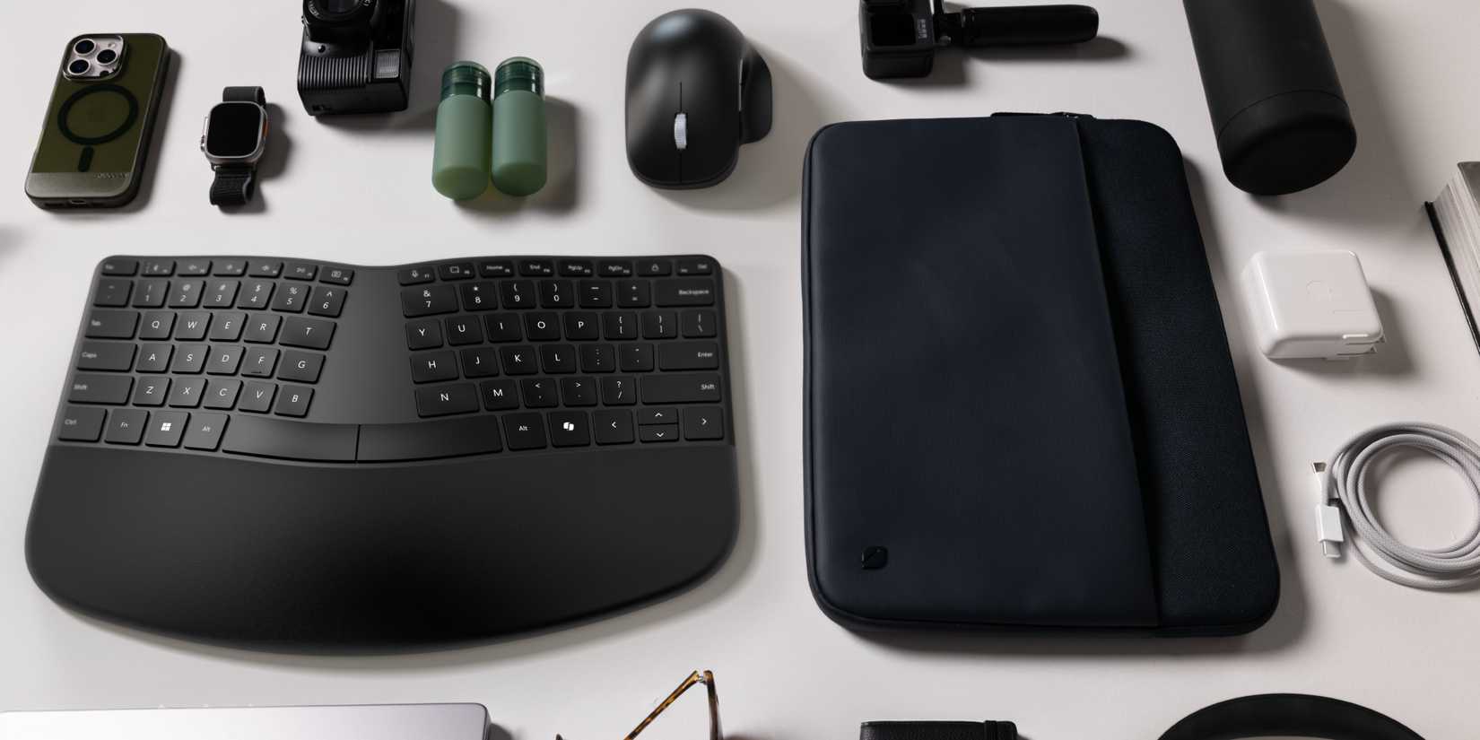 The Incase Compact Ergonomic Keyboard with a bunch of other desk accessories.