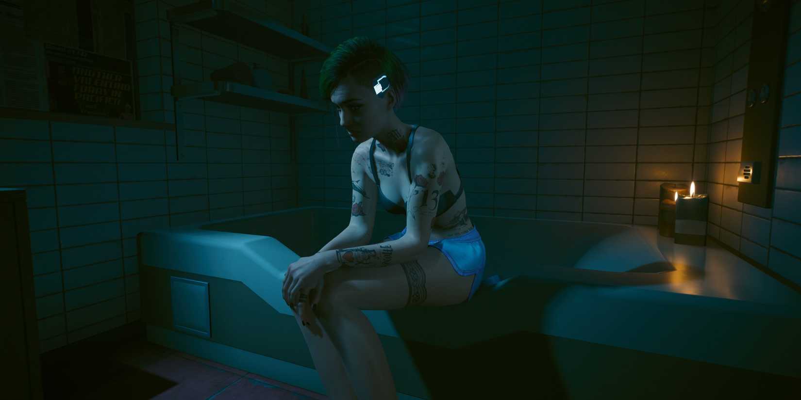 judy sitting by the bathtub