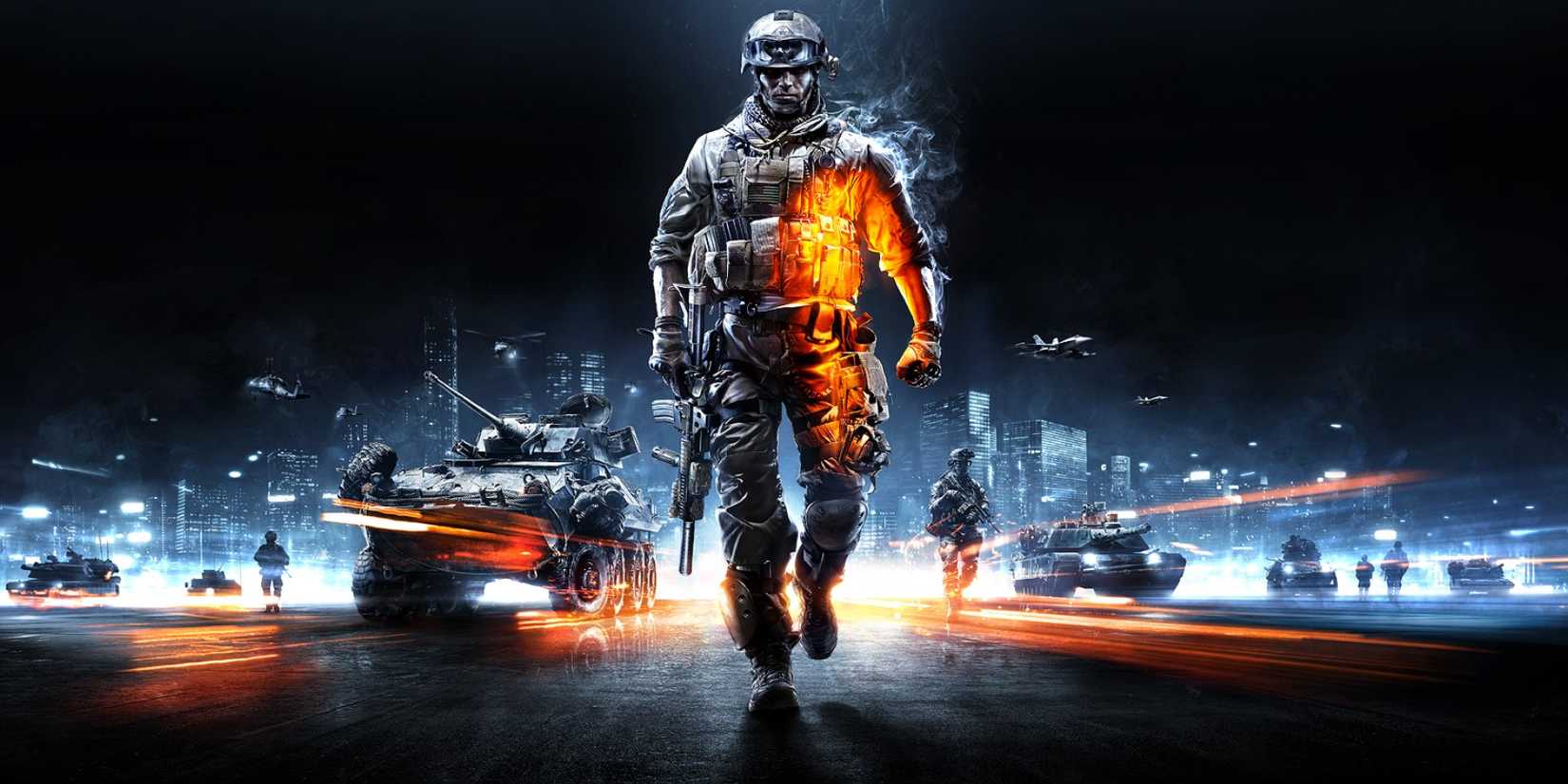 Key Art From Battlefield 3 Showing A Western Soldier Highlighted By Blue & Orange Light