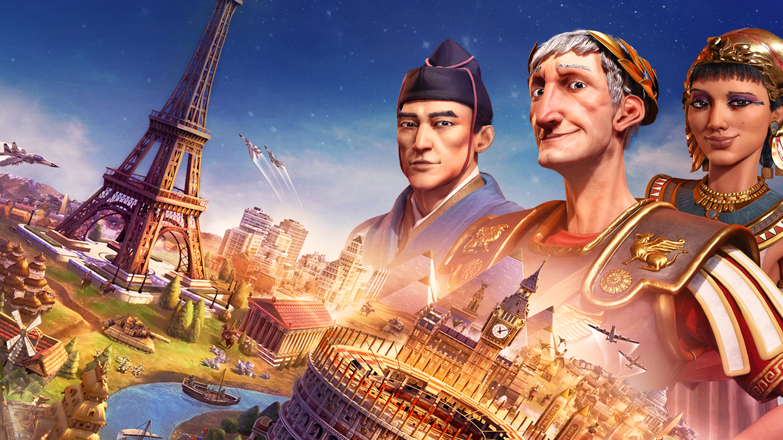 Key Art From Civilization 6 Showing The Eiffel Tower & Three Cultural Historical Figures