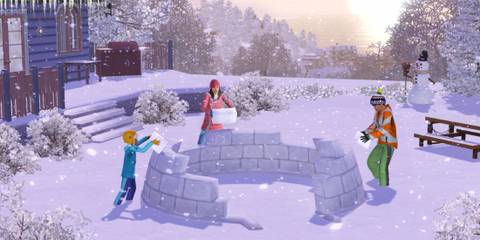Kids build an igloo in the snow, part of The Sims 3 Seasons expansion