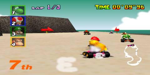 peach driving behind bowser, mario and dk