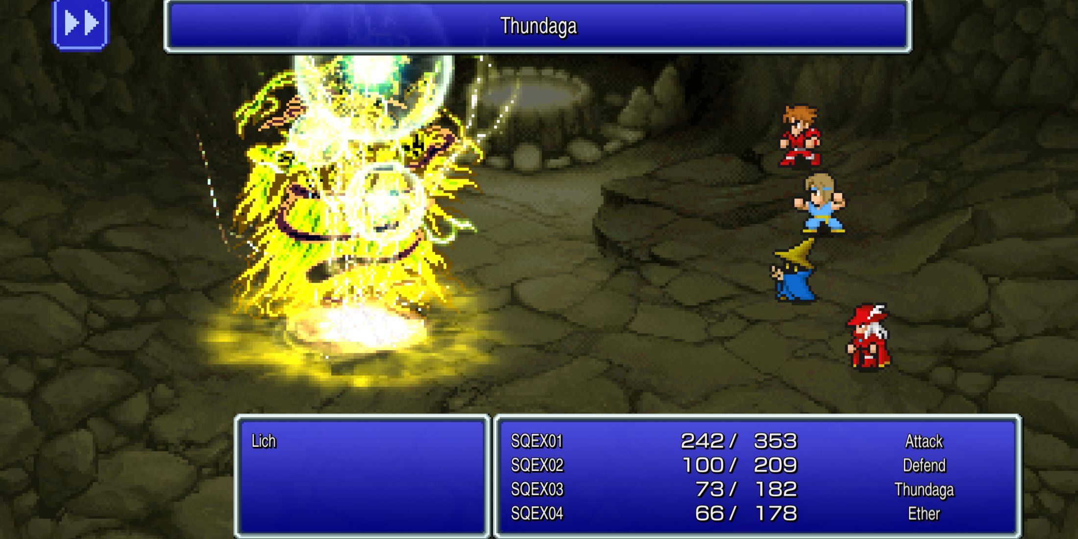 Lich boss battle in Final Fantasy 1 with Thundaga spell illuminating the medieval dungeon