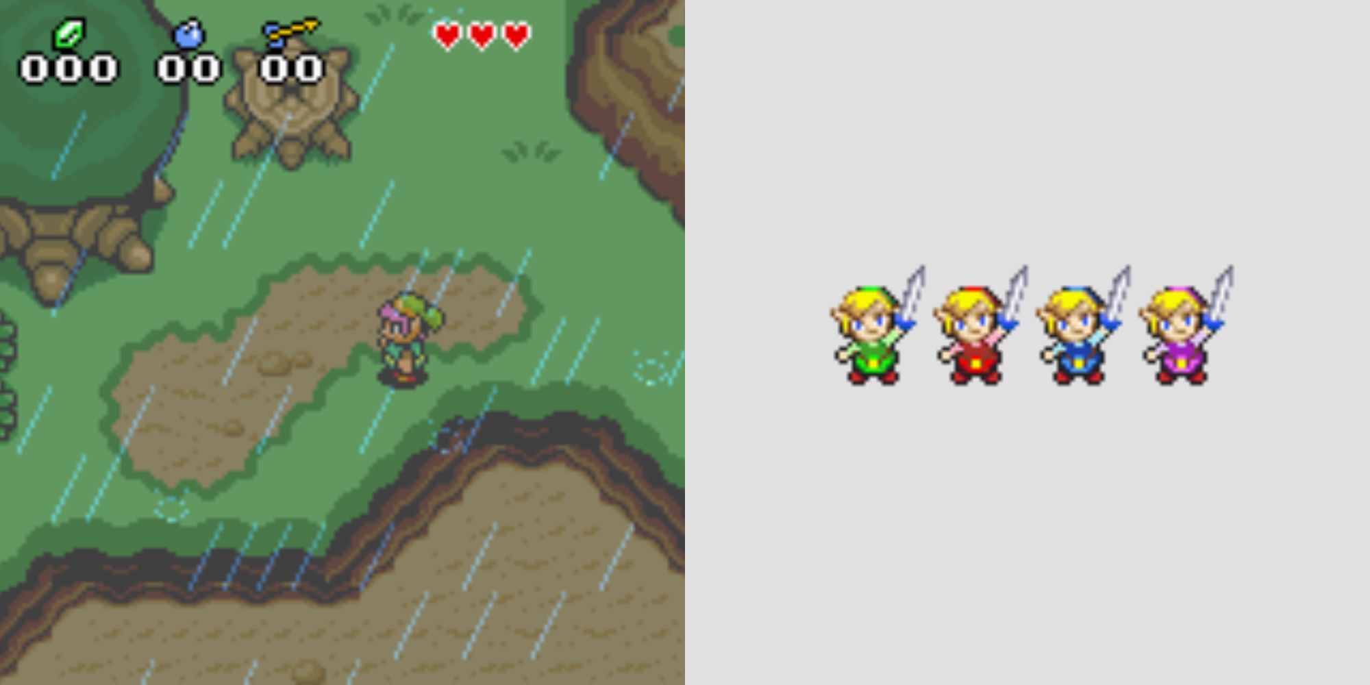 Link walking around Hyrule in A Link to the Past and the 4 Links gets ready for their adventure in Four Swords.