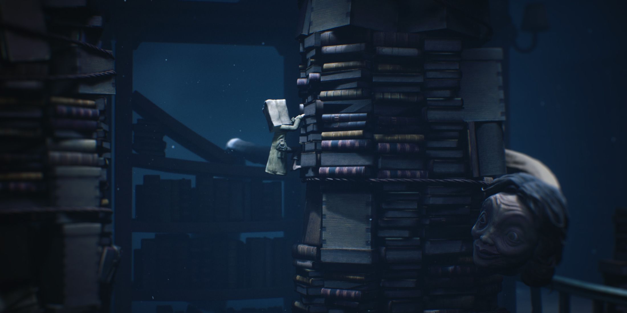 Mono climbing a stack of books as the librarian stalks him