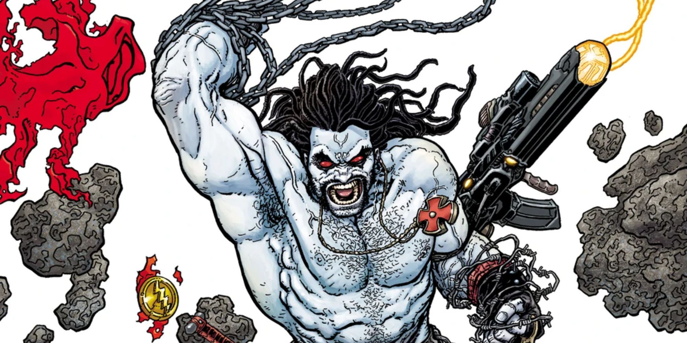 Lobo attacking with his signature chain and gun in space, representing DC villains who joined Justice League.