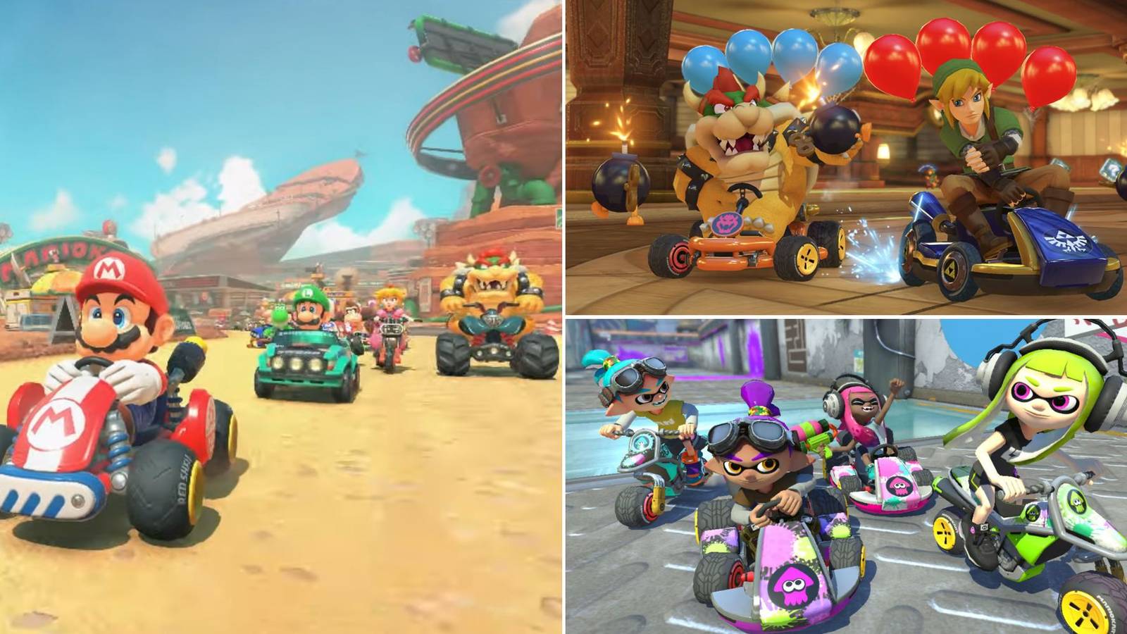 Footage of Mario Kart 9 on Nintendo Switch 2, alongside images of Mario Kart 8 Deluxe's Battle Mode and DLC characters.