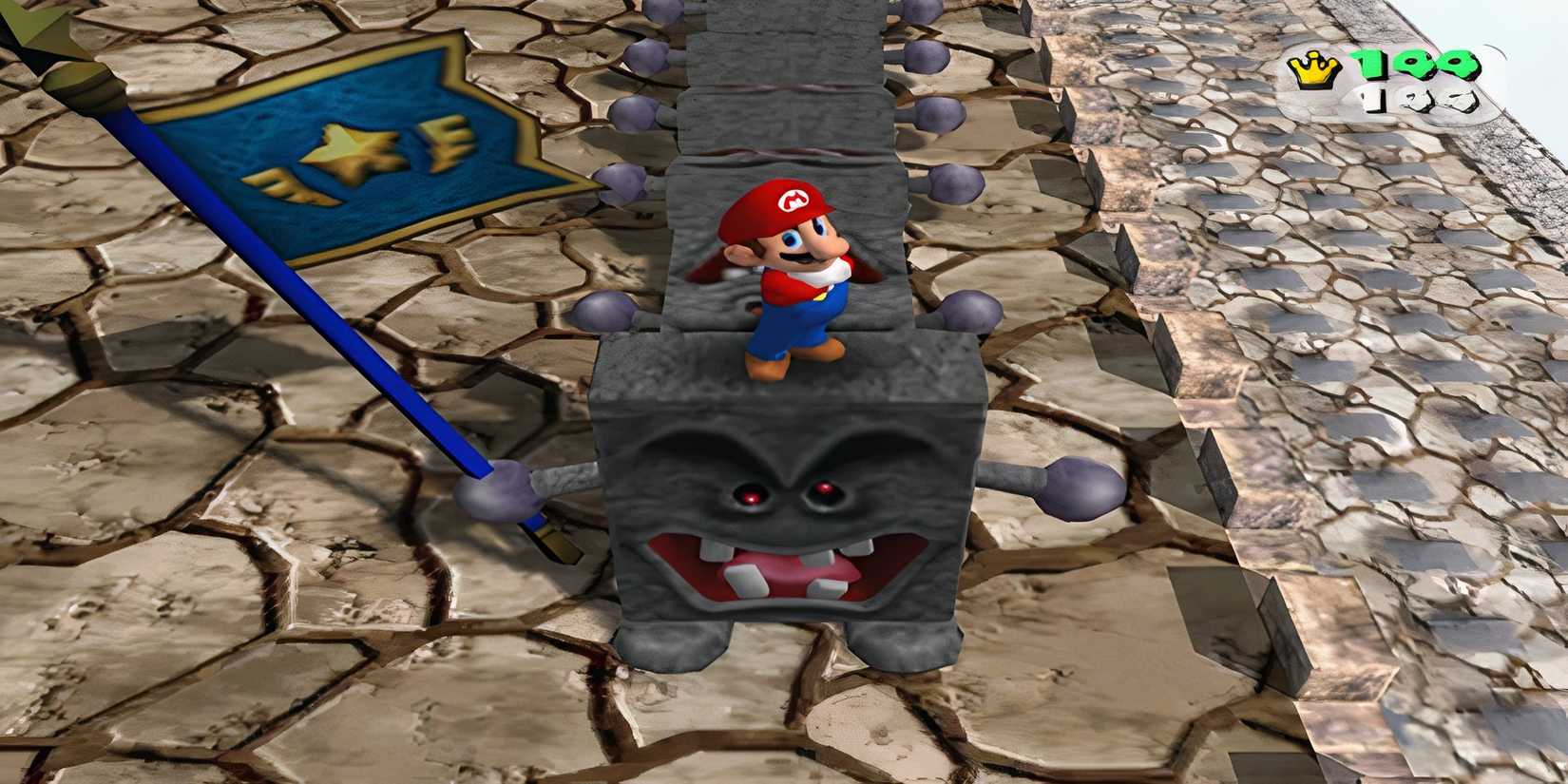 Mario standing on Whomp with star flag in Mario Party 4