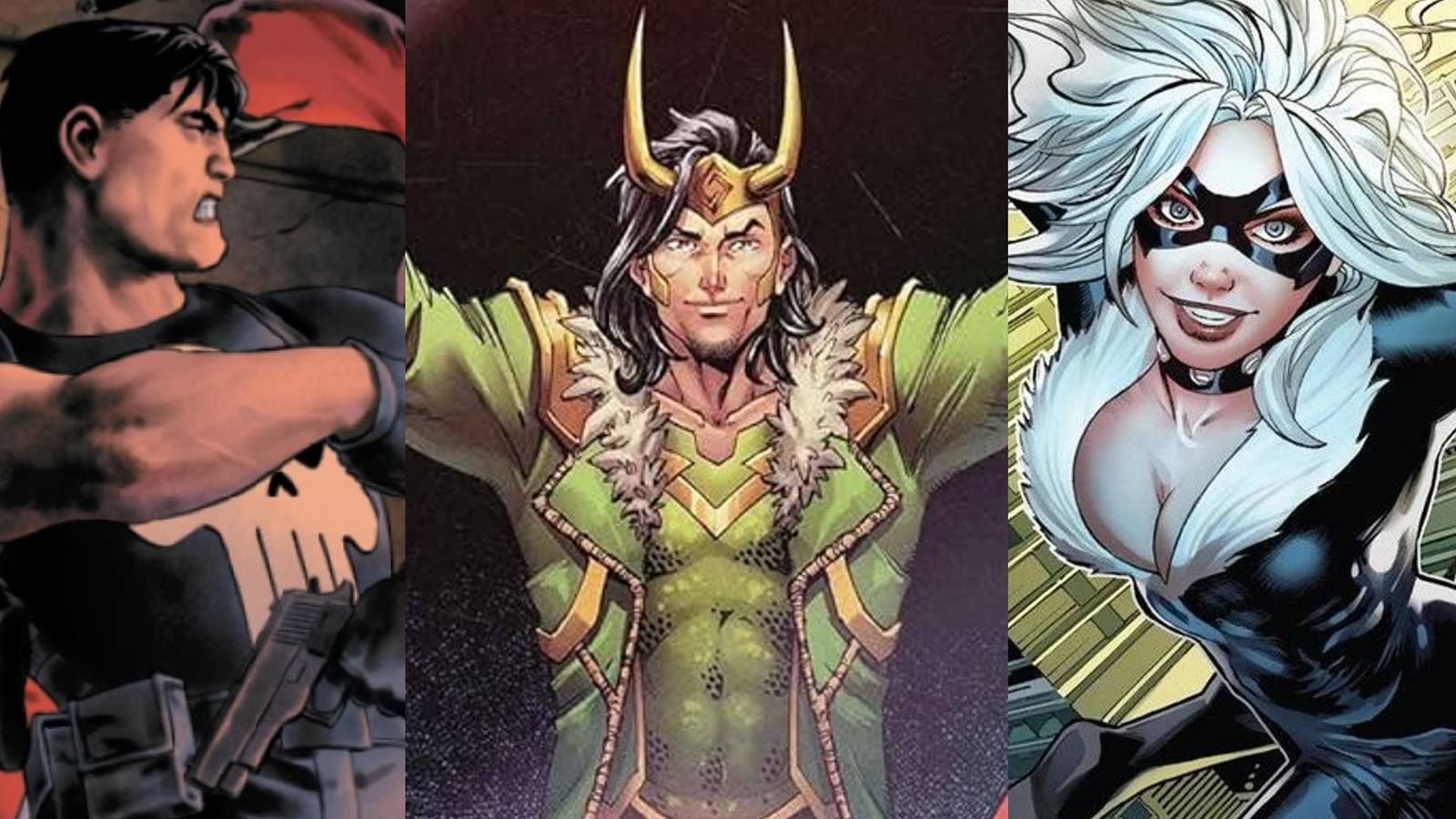 The Punisher with guns drawn; Loki in the comics; Black Cat swinging past buildings