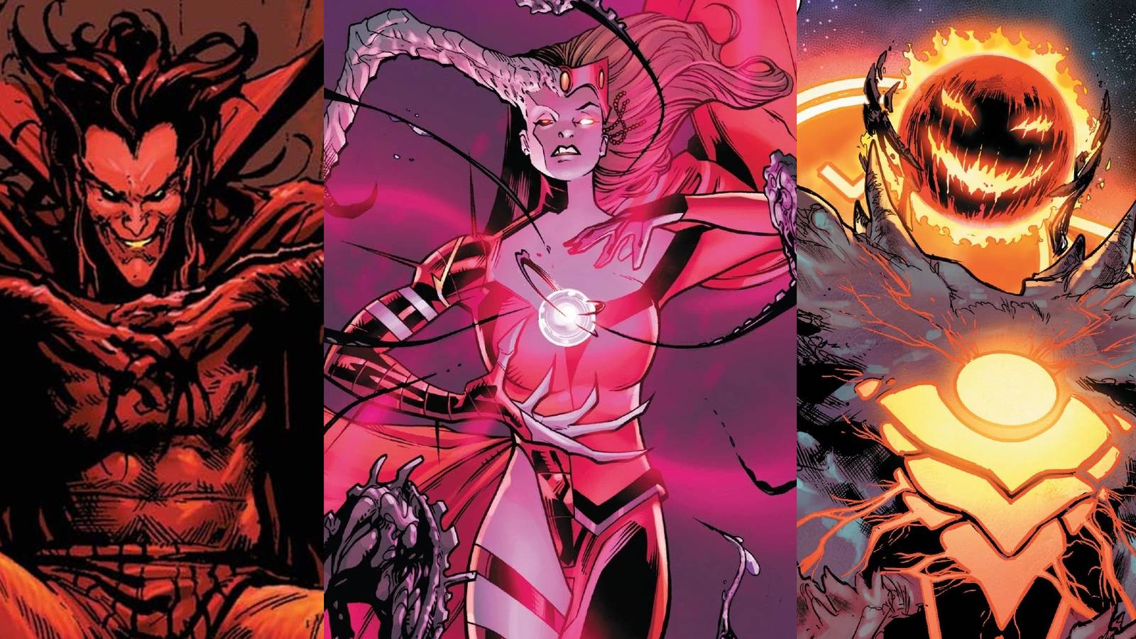 Mephisto sitting on his throne; Scarlet Witch possessed by Chthon; Dormammu laughing in space