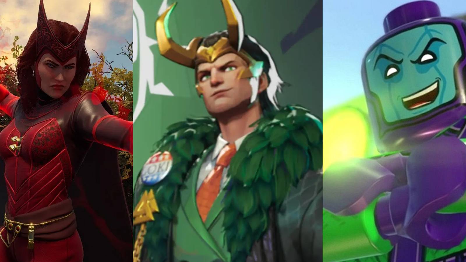 Scarlet Witch in Midnight Suns; President Loki in Marvel Rivals; Kang in Lego Marvel Super Heroes 2