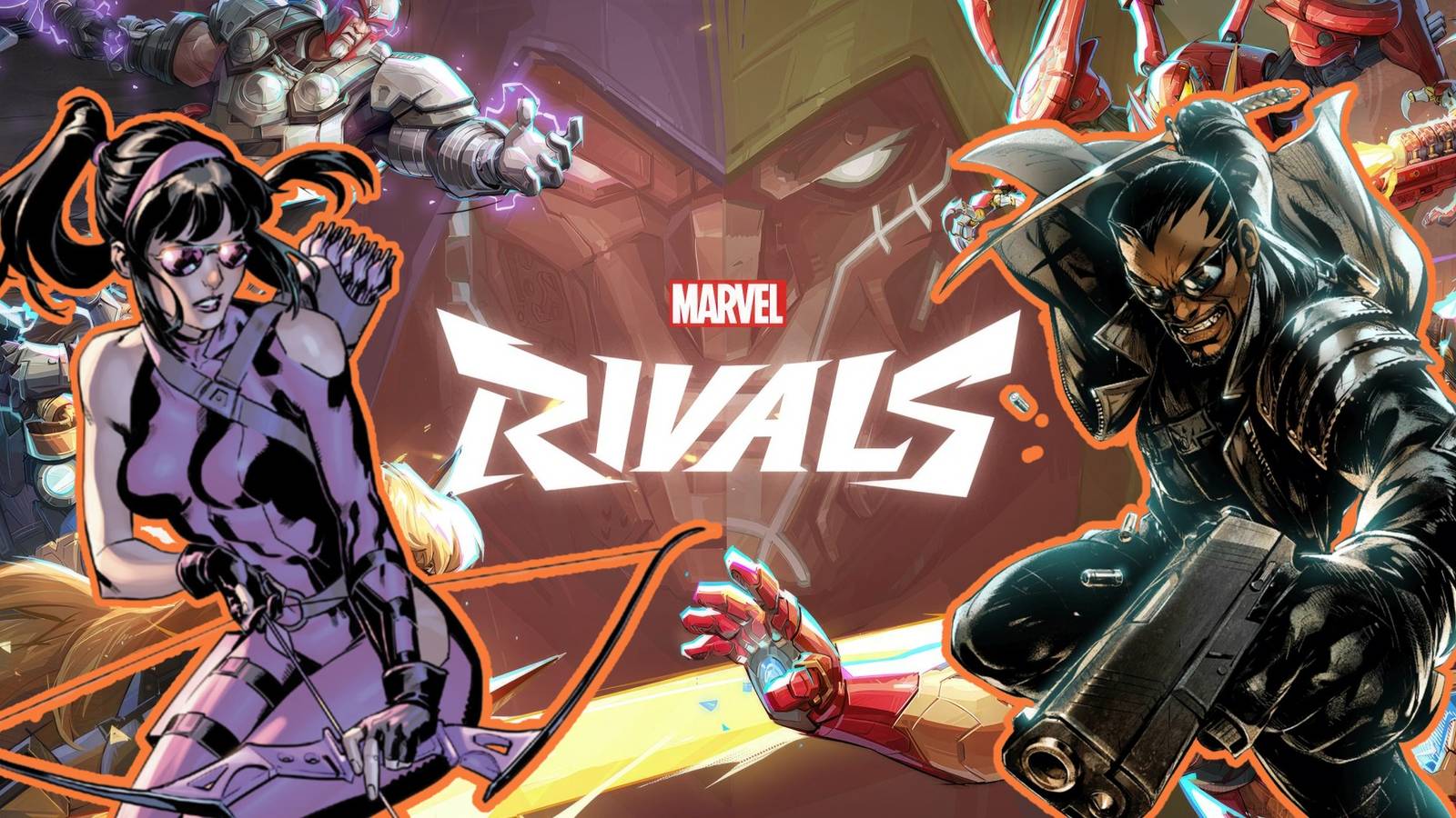 Kate Bishop and Blade in front of the Marvel Rivals promo