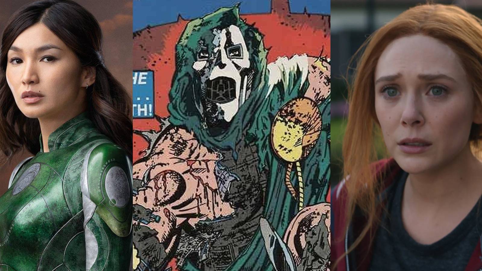Sersi in Eternals promo art; Doctor Doom in the Secret Wars; Wanda looking worried