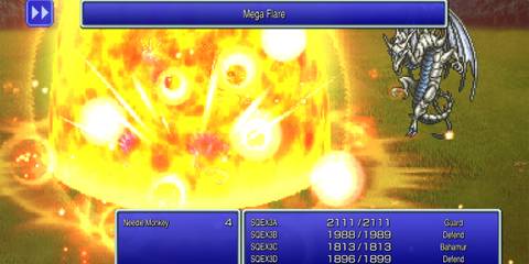 Mega Flare attack from Bahamut in Final Fantasy 3 illuminating the medieval battlefield