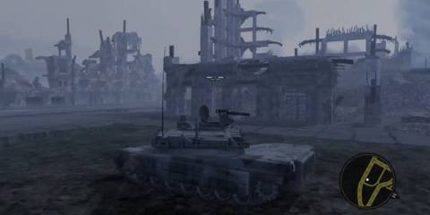 Mercenaries 2 World in Flames driving a tank through the ruins of Caracas