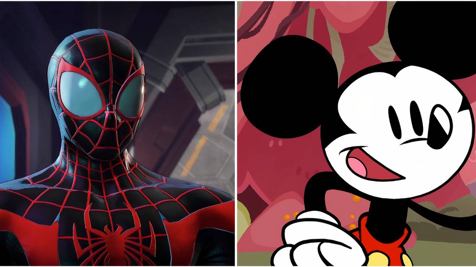 Miles Morales in Marvel Ultimate Alliance 3 The Black Order and Mickey in Disney Illusion Island