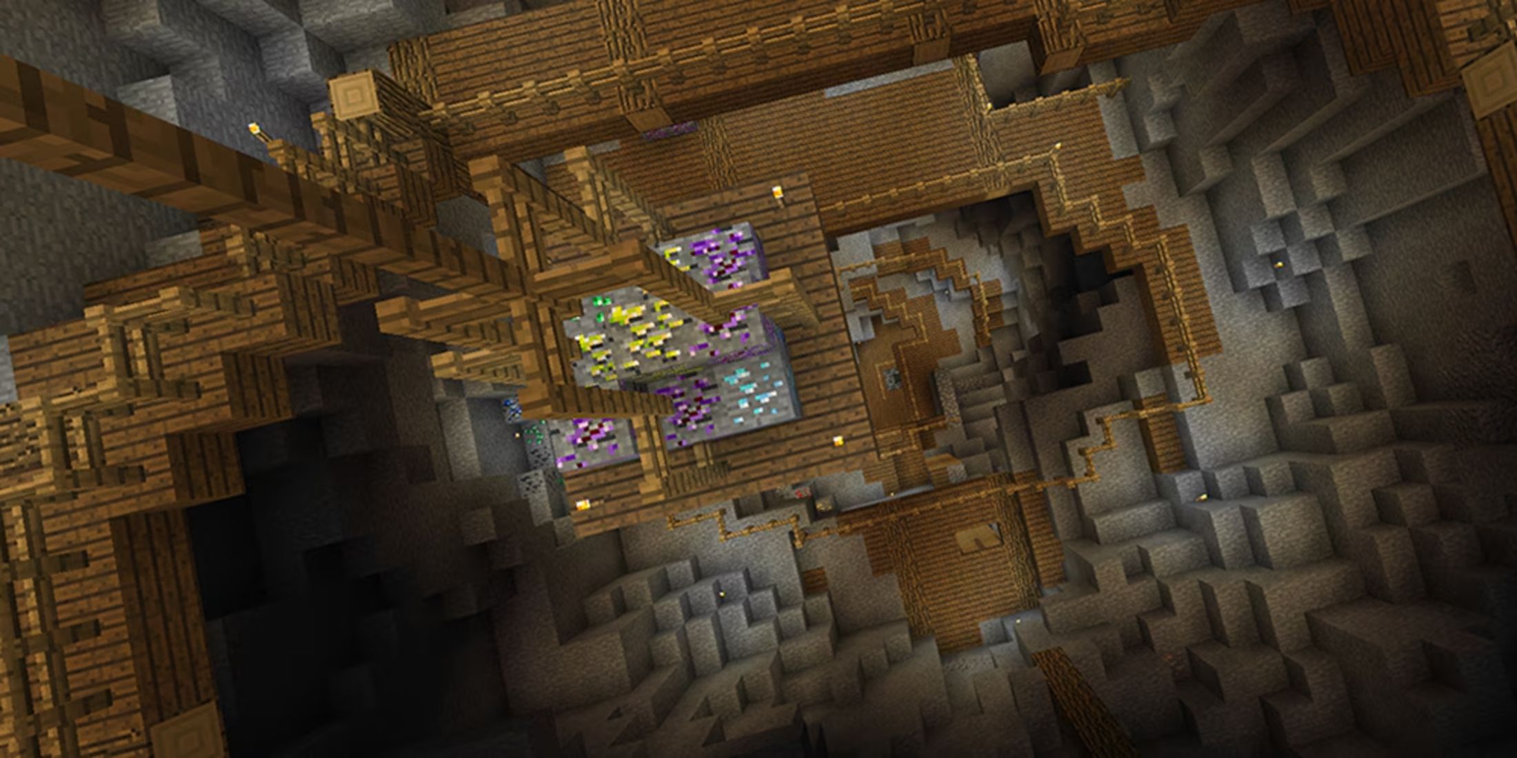 A modded mineshaft in Minecraft