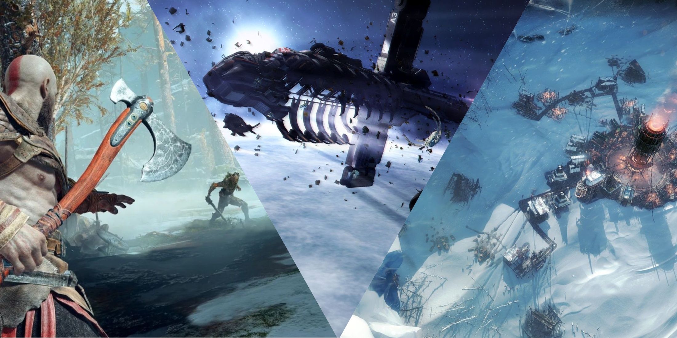 3 Way Split Image Of God Of War Ragnarok, Dead Space 3 And Frostpunk