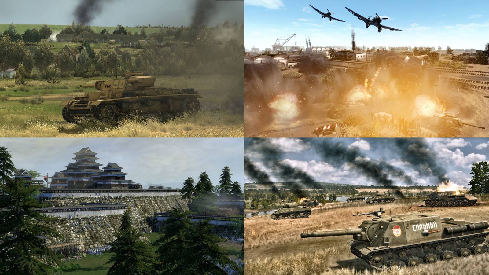 Total War Shogun 2, Men of War Assault Squad 2, Steel Division 2, Graviteam Tactics mixed gameplay collage