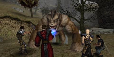 characters confront a monster