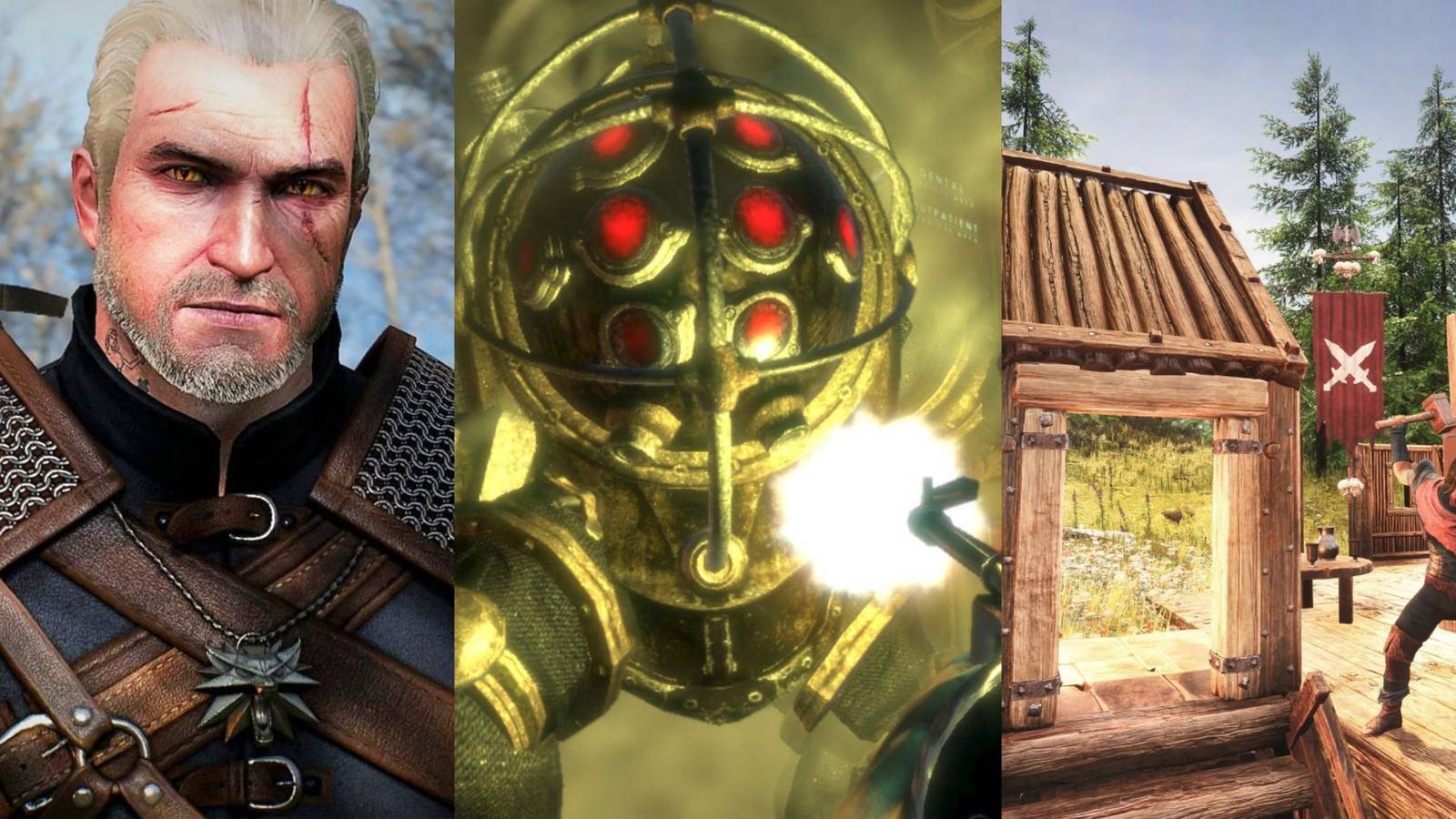 The Witcher 3, Bioshock, Conan Exiles mixed screenshot collage