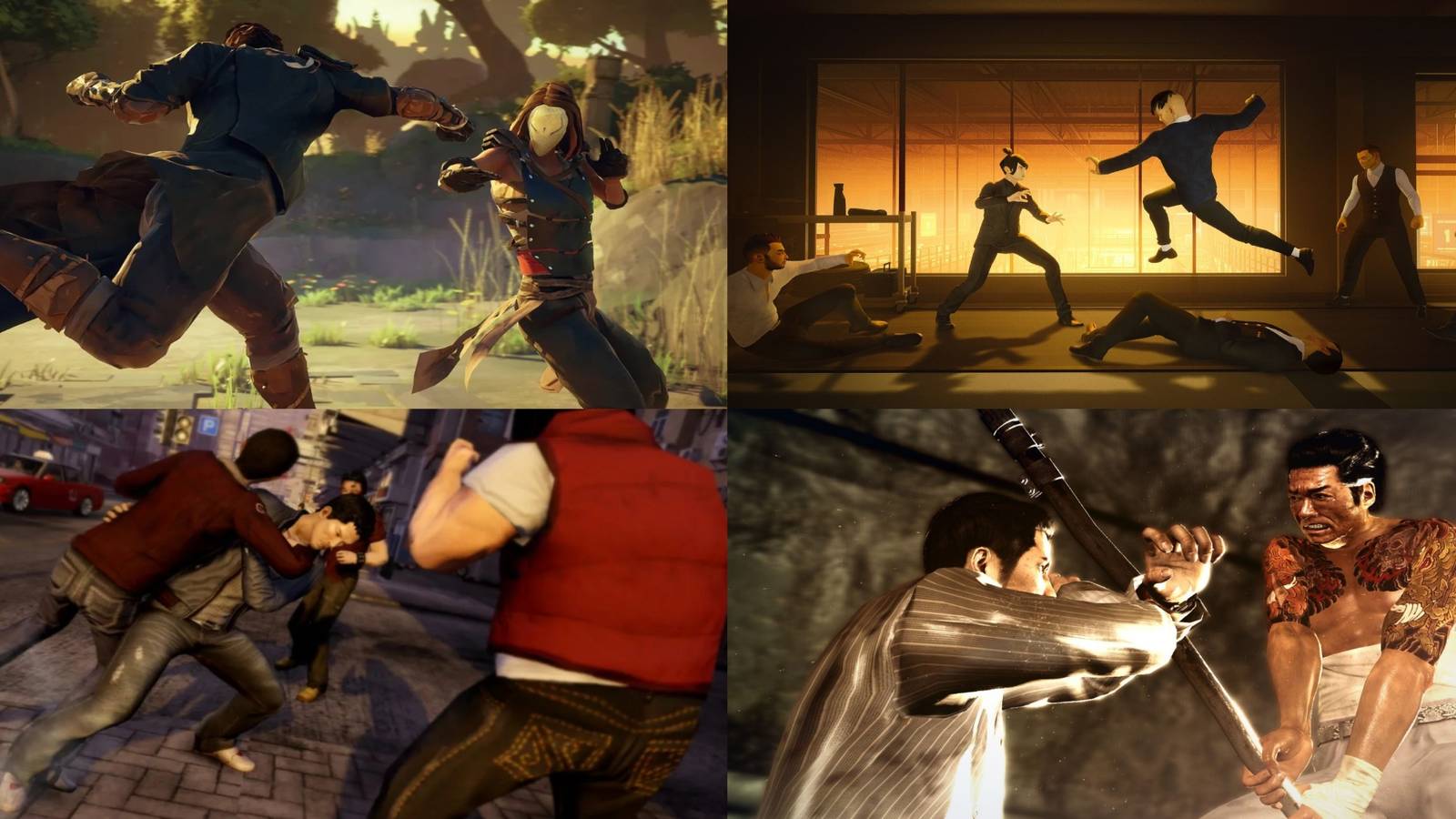 Sifu, Absolver, Yakuza 0, Sleeping Dogs mixed gameplay collage