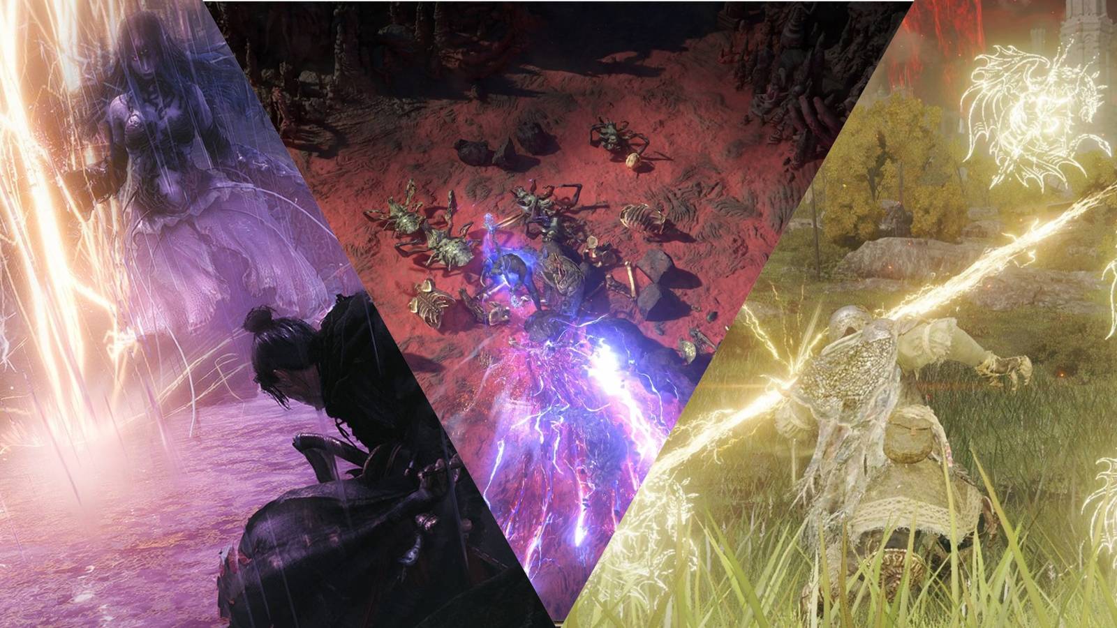 Wo Long Fallen Dynasty, Elden Ring, Path of Exile 2 mixed gameplay collage