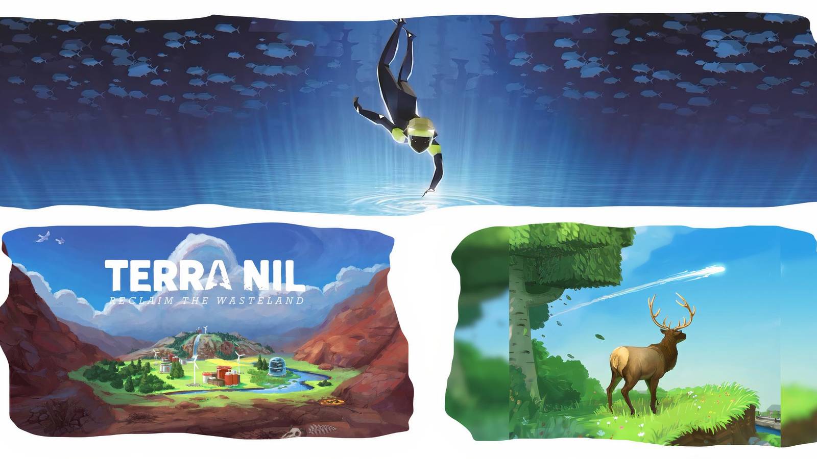 Top: The Diver from Abzu. Bottom-Left: A green biome in a hilly valley in Terra Ni. Bottom-right: A deer beneath a tree in Eco.