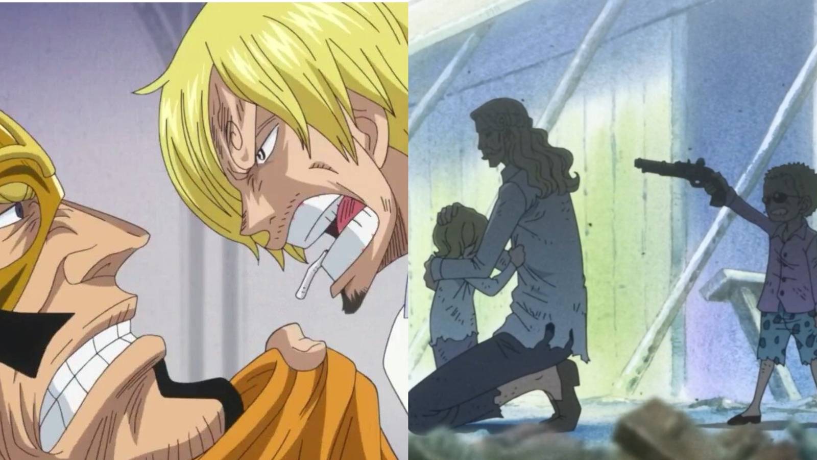 Judge and Sanji arguing; Homing holding Rosinante while Doflamingo shoots him