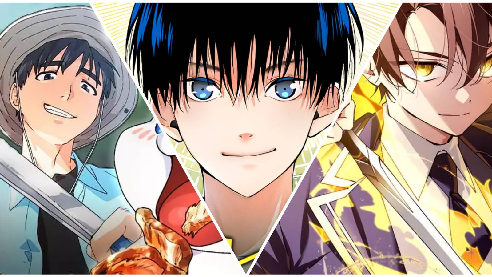 10 Best Isekai Manhwa That Debuted In 2024, Ranked cover with manhwa titles Healing life through camping in another world, a tidal wave of glory, and magic academy's genius blinker