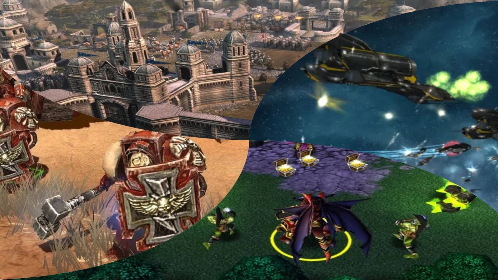 The lord of the Rings the Battle for Middle Earth 2, Warhammer 40K Dawn of War 2, Warcraft 3 Reign of Chaos, Sins of a Solar Empire mixed gameplay collage