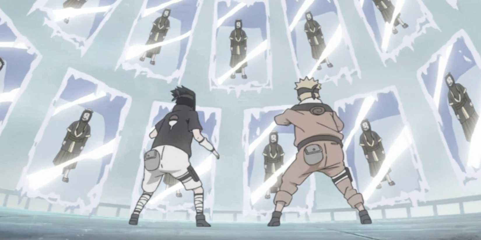 Naruto dan Sasuke dikelilingi oleh Jutsu Cermin Es Kristal Haku di Naruto