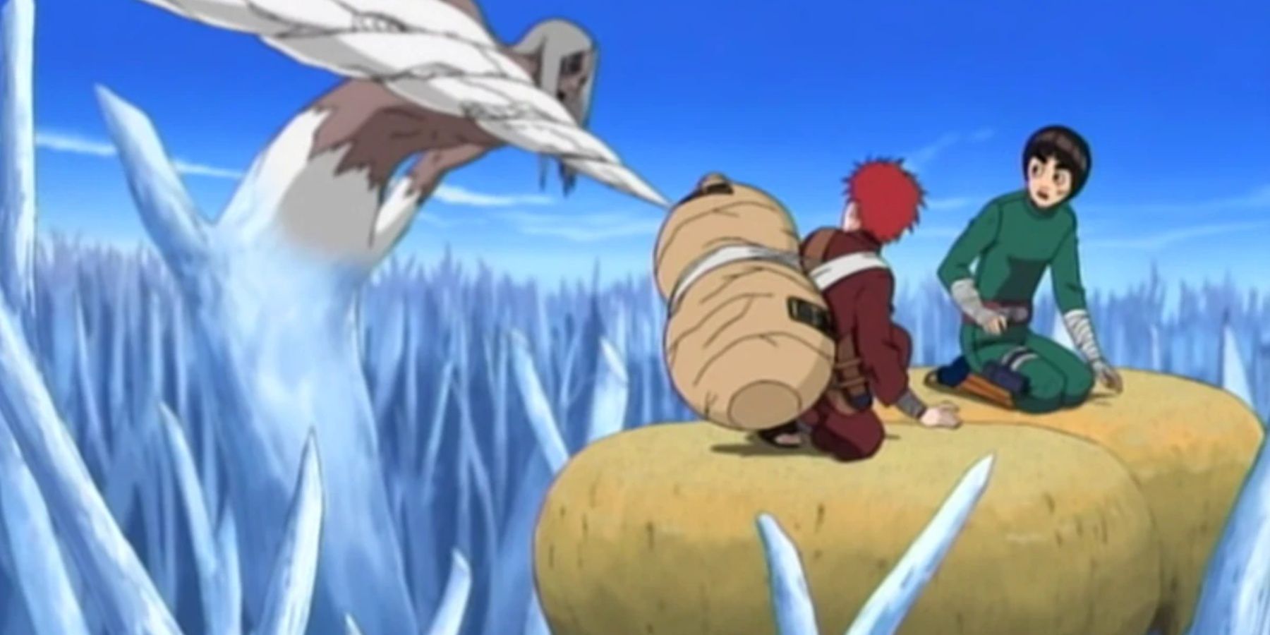 Kimimaro attempts to kill Gaara and Rock Lee in Naruto.