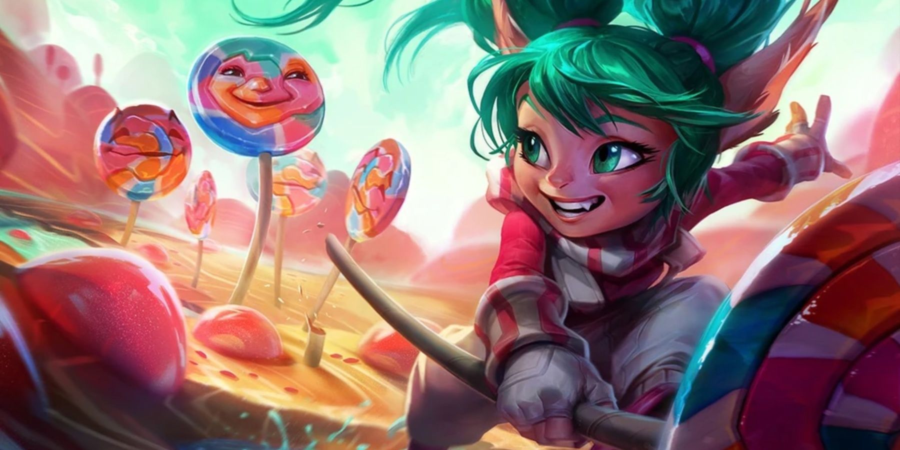 Lollipoppy running through candy in her League of Legends splash art.