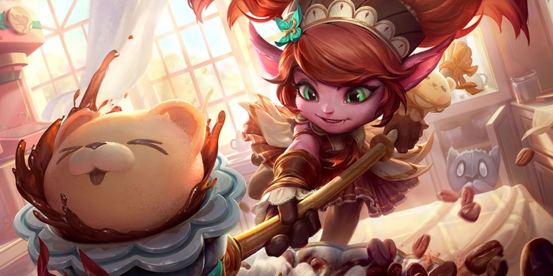 Cafe Cuties Poppy smacks a cake in her League of Legends splash art.