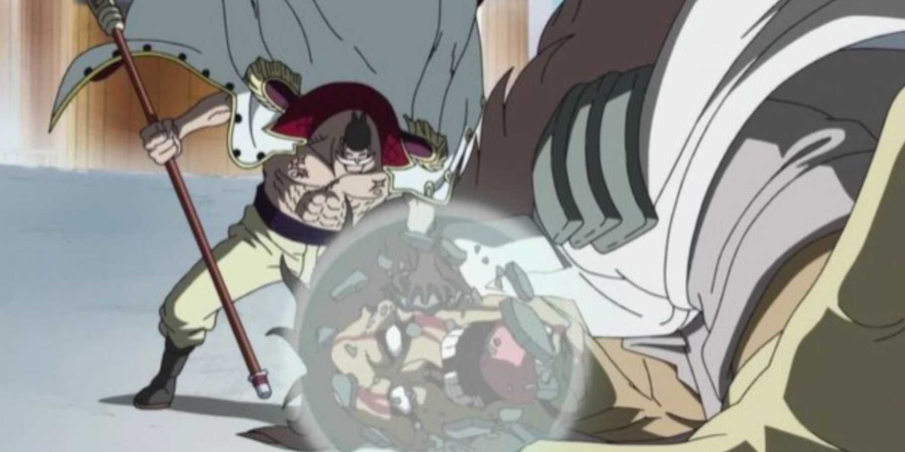 Whitebeard uses the Tremor Fruit on a giant admiral during the One Piece Summit War.